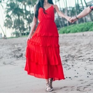 Flying Tomato Cherry Red Chiffon tiered ruffled Maxi dress Small